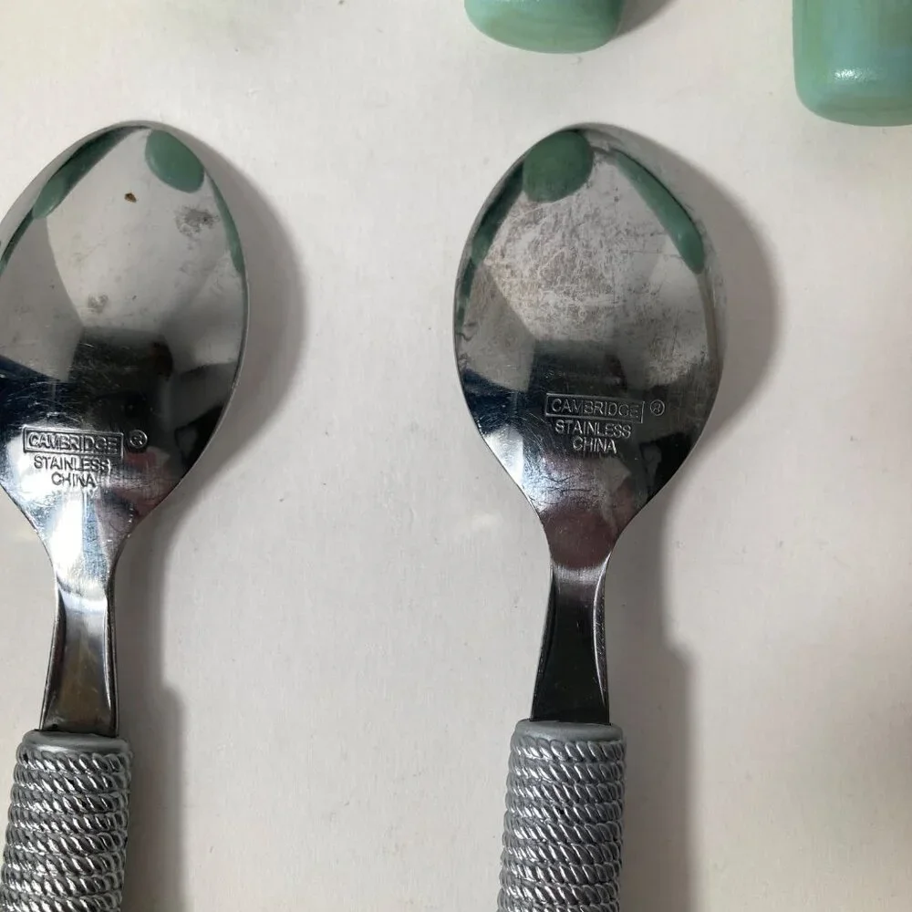Vintage Cambridge Dinner Spoons Green Stainless Flatware Plastic Handle 7 TBS, 5